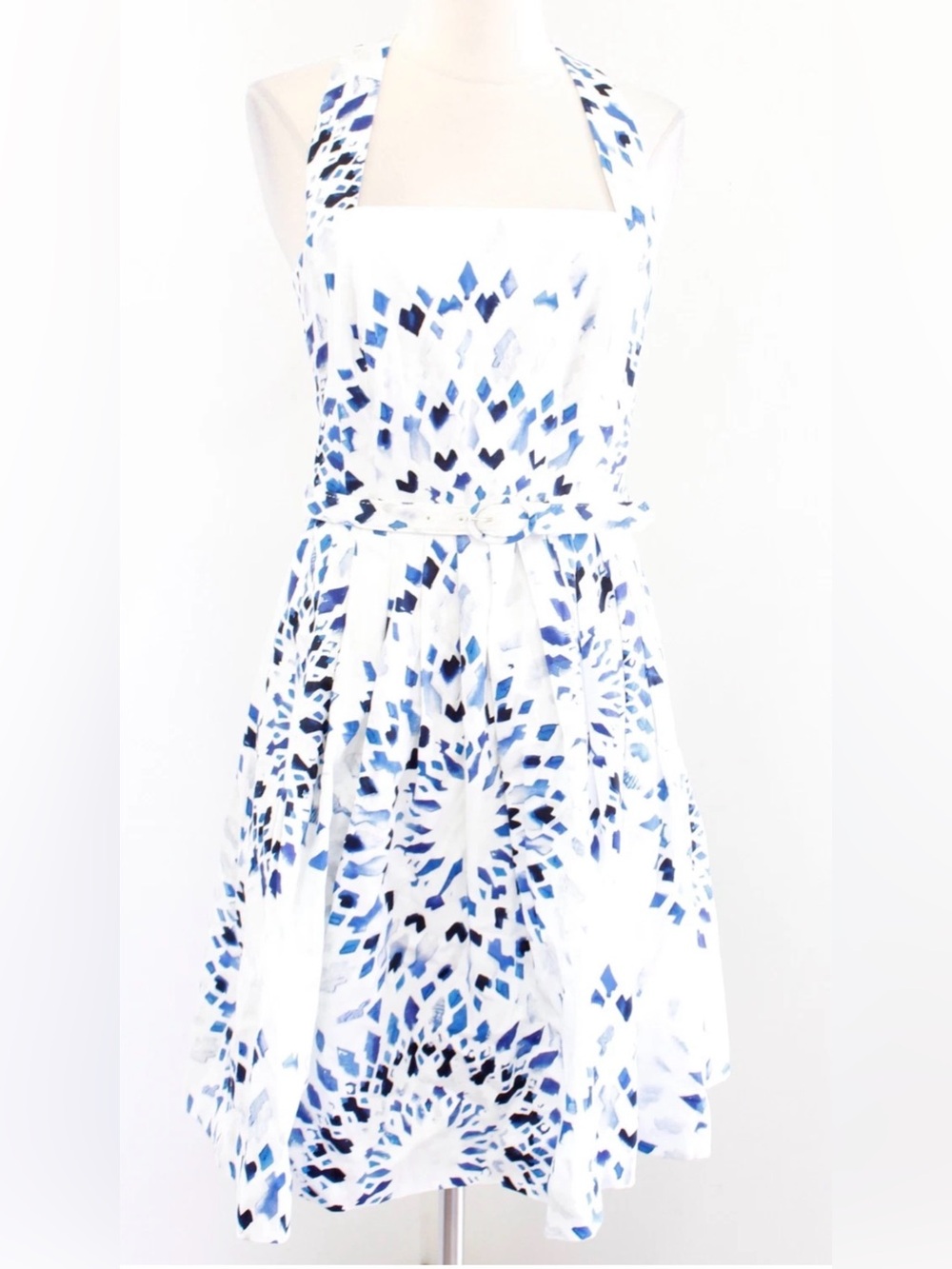 White House Black Market White Halter Midi Dress with Blue and Black Print